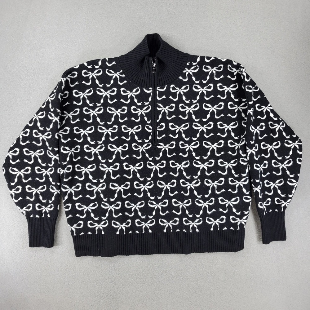 Maeve Quarter Zip Sweater Women S Black White Bow Print Mock Neck Pullover